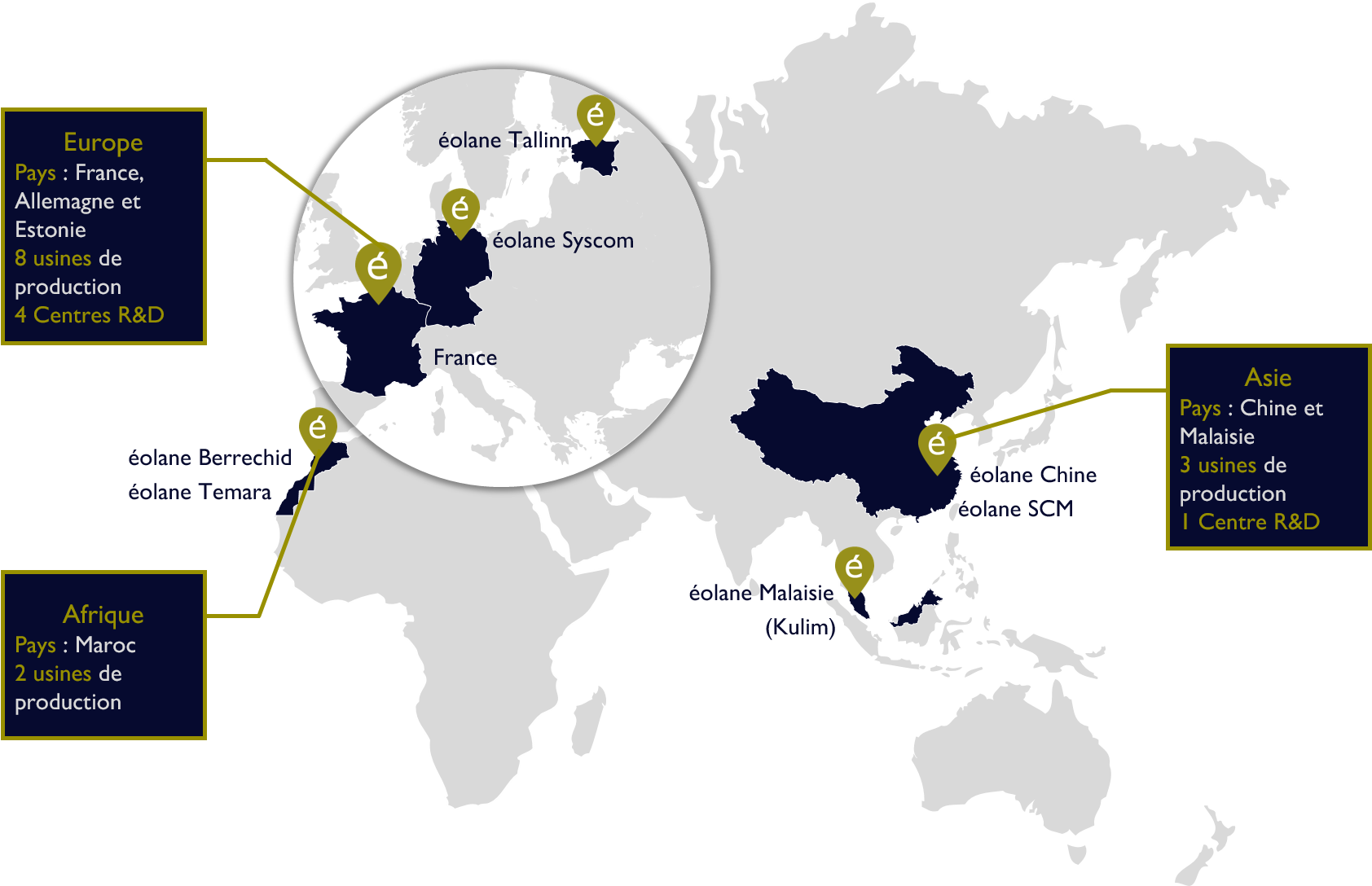Carte géographique des sites de production éolane